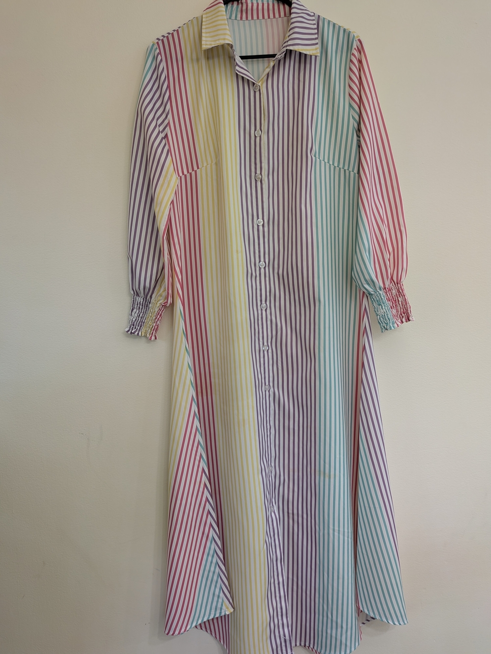 Comfortable Womens Rainbow Strip Pastel Button- Up Front Maxi Dress - Picture 5 of 10
